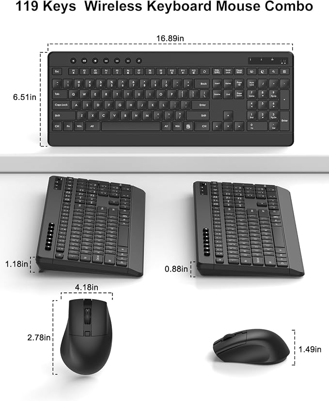 EDJO Wireless Keyboard and Mouse Combo, Silent Full-Sized 2.4GHz Wireless Keyboard and Adjustable DPI Mouse with USB Receiver, Auto-Sleep, for Laptop, Computer, PC