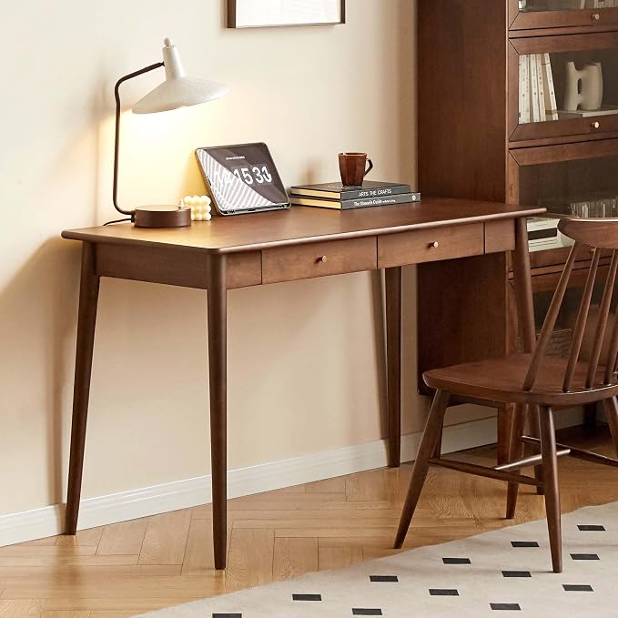 Computer Desk, Solid Wood Desk, Mid Century Modern Home Office, Writing Desk with Drawers for Study Bedroom Living Room 47.24" W