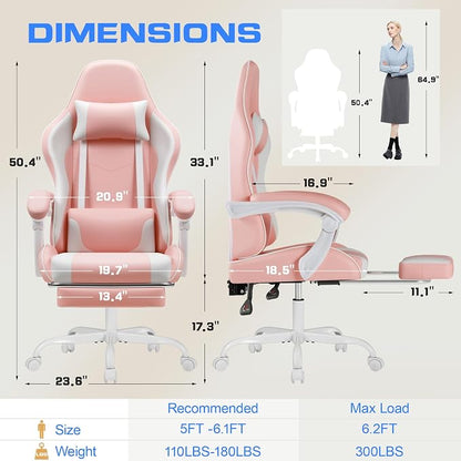 Shahoo Gaming Chair with Footrest and Massage Lumbar Support, Video Racing Seat Height Adjustable with 360° Swivel and Headrest for Office or Bedroom, Light Pink