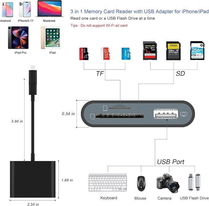 SD Card Reader for iPhone, Memory Card Reader with USB-C to Light-ning Adapter Plug and Play Trail Game Camera Micro SD Card Viewer Support SD/TF Card and USB for iPad No App Required (Black)