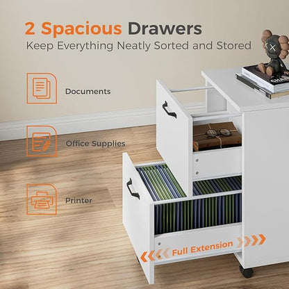 2 Drawer Filing Cabinet, Wood Rolling Filing Cabinets with Printer Stand, Under Desk Storage Lockable Wheels, Home Office Organizer for A4 Letter Legal Size Documents,White