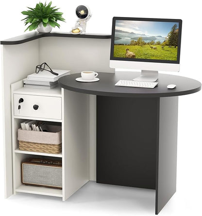 Tangkula Reception Desk, Front Counter Desk with Lockable Drawer & Adjustable Shelf, Oval Desktop, Retail Counter for Checkout, Computer Workstation for Salon Lobby Office, Home Office Desk