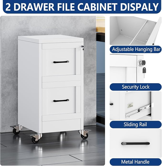 Ckzbx 2 Drawer File Cabinet with Lock, Narrow Vertical Filing Cabinet, Under Desk File Cabinets,White Metal File Cabinets for Home Office,Fit Letter/A4/Legal Size File (Wheel)