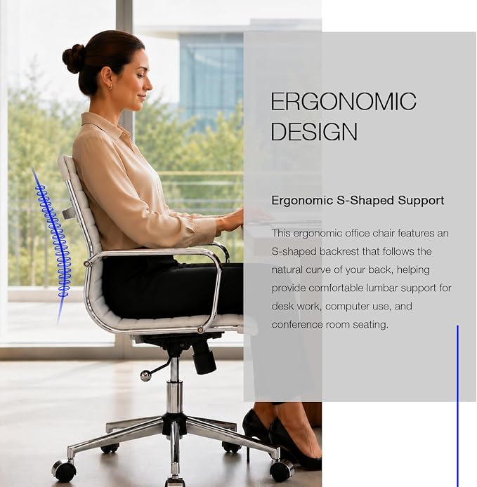 Gray Office Chair Ergonomic Computer Desk Chairs Executive Conference Room Chair Leather Modern Home Office Chair for Desk Mid Back Adjustable Swivel Chairs with Lumbar Support(Gray)…