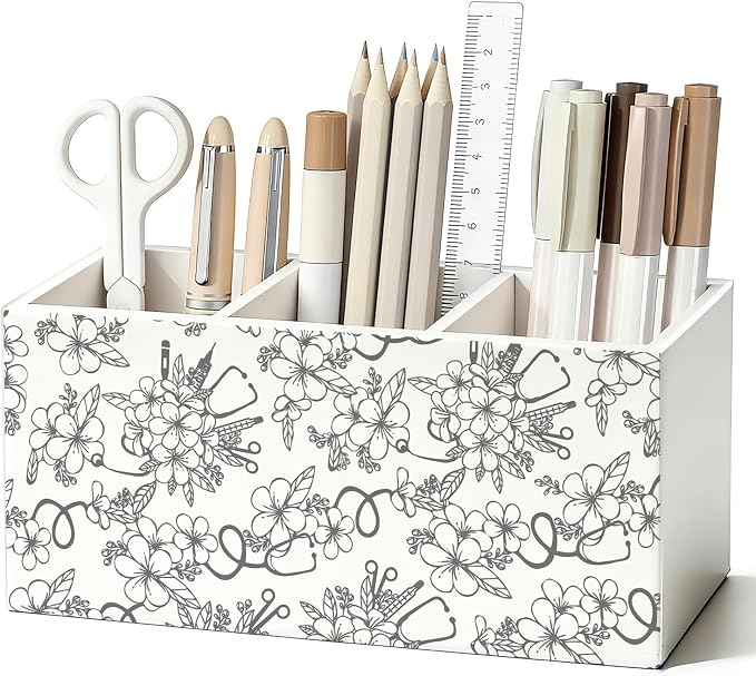 Nurse Floral Pen Pencil Holder for Desk, Nurse Appreciation Gifts, Nursing Nurses Gifts for Women, Nursing Wooden Box Sign Decorations for Home Office Workplace Desk Tabletop