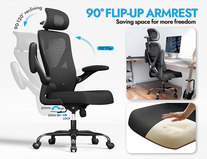 Black Ergonomic Office Chair - Mesh Desk Chair with Adjustable Lumbar Support High Back Computer Gaming Chairs - Big and Tall Office Chairs Adults, Comfortable for Long Hours