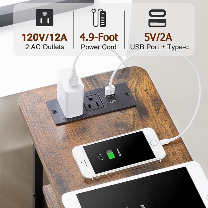 LOAKEKEL Narrow Nightstand with Charging Station, End Tables Living Room Set of 2, Skinny Side Table with Fabric Drawers, Small Sofa Table with LED Light for Bedroom, Brown, HETNDP02LBR