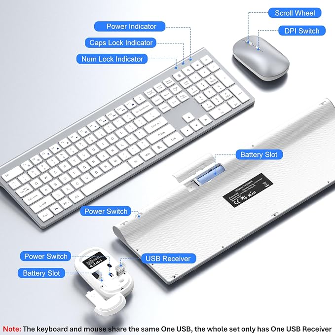 Wireless Keyboard and Mouse Combo, Full Size Keyboard and Mouse, Long Battery Life, Optical Mouse, 2.4G Lag-Free Cordless Mice Keyboard Set Ultra Slim Design for Computer, Laptop, PC, Mac (Silver)
