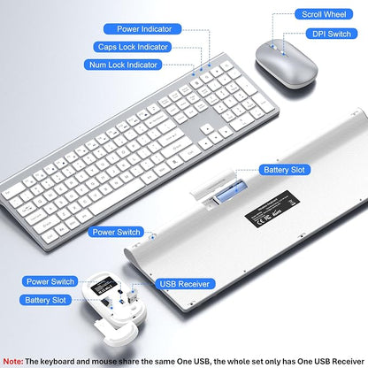 Wireless Keyboard and Mouse Combo, Full Size Keyboard and Mouse, Long Battery Life, Optical Mouse, 2.4G Lag-Free Cordless Mice Keyboard Set Ultra Slim Design for Computer, Laptop, PC, Mac (Silver)