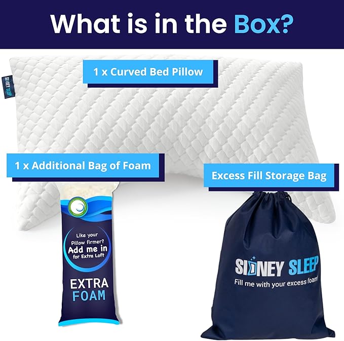 Sidney Sleep Adjustable Bed Pillow for Neck and Shoulder Support with Extra Shredded Fill - Cervical Contour Pillow for Side and Back Sleepers. Standard Size 19" x 26" CertiPUR-US Certified (White)