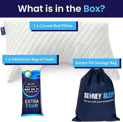 Sidney Sleep Adjustable Bed Pillow for Neck and Shoulder Support with Extra Shredded Fill - Cervical Contour Pillow for Side and Back Sleepers. Standard Size 19" x 26" CertiPUR-US Certified (White)