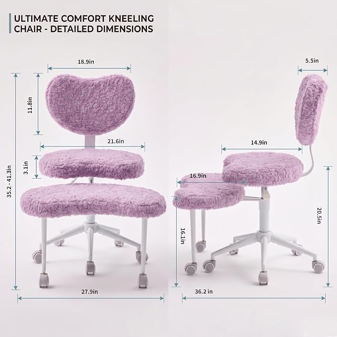 Cross Legged Office Chair with Wheels, 360 Swivel Height-Adjustable Meditation Chair with Lumbar Support, Artificial Rabbit Hair Fabric, Violet