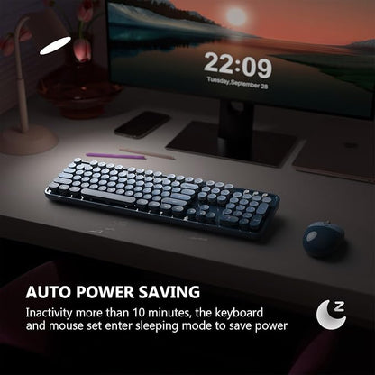 MOFII Wireless Keyboard and Mouse Combo, 2.4 GHz Full-Size Retro Round Keyboard and Mouse, Plug and Play, 8 Multimedia & Shortcut Keys for Mac, Windows, Laptop/Desktop/PC - Blue Gradient