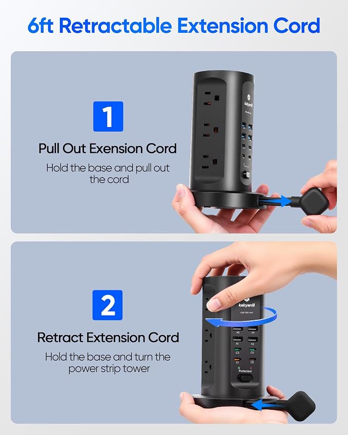 Power Strip Tower, PD 65W USB Charging Tower, kakyanill Surge Protector Tower 9 AC Outlets 8 USB (4 USB C), 6 Ft Retractable Extension Cord, Charging Station for Office Dorm Room, Black