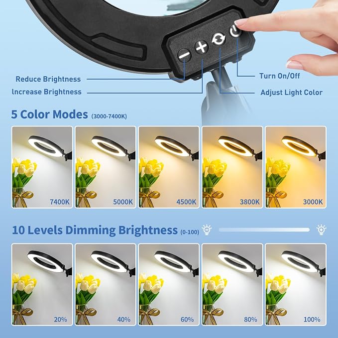 HITTI Ultra Long 12X Magnifying Glass with Light and Clamp, 5 Color Modes Stepless Dimming Desk Lamp, Swivel Arm Workbench Light, Hands Free Lighted Magnifier Stand for Craft Reading Soldering