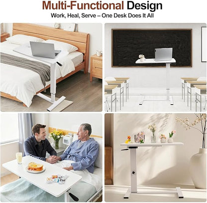 Overbed Bedside Table with Wheels, Adjustable Pneumatic Mobile Standing Desk, Laptop Table Rolling Bed Desk Foldable for Hospital & Home (32" W x 16" D, White)