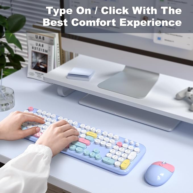 Atelus Wireless Keyboard and Mouse, Full Size Typewriter Keyboard and Cute Cat Shape Design Mouse Combo for Windows 7/8/10, Laptop, Desktop, PC, Computer (Blue)