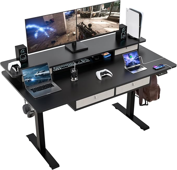 Electric Standing Desk with 4 Drawers, 63 * 30 Inches Extra Large Desktop, Electric Desk Adjustable Height with Storage, Home Office Workstation (Classical Black)