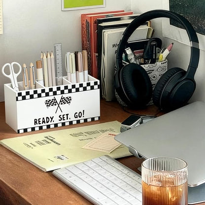 Race Car Kids Pen Pencil Holder for Desk, Race Car Room Decor, Ready Set Go Black Checkered Wooden Box Sign Decorations for Kids Boy Nursery Room Bedroom Playroom Desk Tabletop
