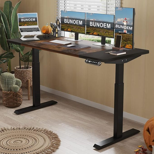 Height Adjustable Electric Standing Desk, 63x30 Height Stand Up Computer Desk,Sit and Stand Home Office Desk with Splice Board (Brown+Black Top, Black Frame)
