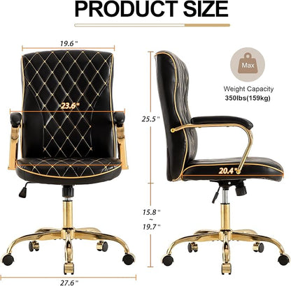 Black and Gold Office Desk Chair,Conference Room Chairs,Mid Back Vintage Executive Leather Chair,Ergonomic Computer Swivel Chair with Rocking Function and Padded Arms,Adjustable Height