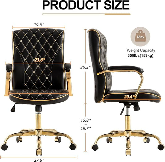 Black and Gold Office Desk Chair,Conference Room Chairs,Mid Back Vintage Executive Leather Chair,Ergonomic Computer Swivel Chair with Rocking Function and Padded Arms,Adjustable Height