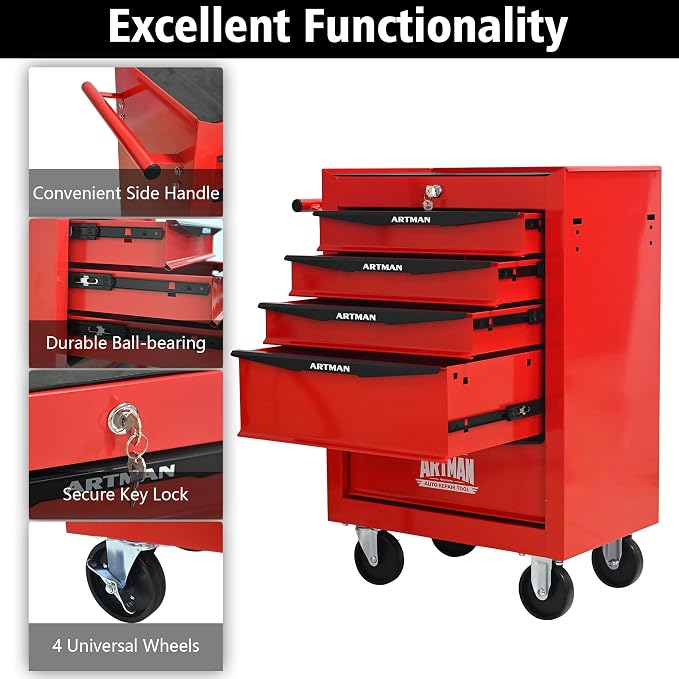 RYH 5 Drawers Rolling Tool Chest - Heavy Duty Mobile Tool Cart with Locking Wheels & Ball Bearing Drawers, ﻿30.5" H x 20.9" W x 13" D Garage Tool Storage Cabinet (Red, 5 Drawers)