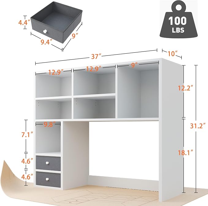 REIBII Desktop Bookshelf,Adjustable Desktop Organizer,High-Capacity Desk Hutch Organizer with 7 Shelves and 2 Drawers for Computer Desk,Desk Shelf for Top of Desk, Desk Hutch Dorm, White