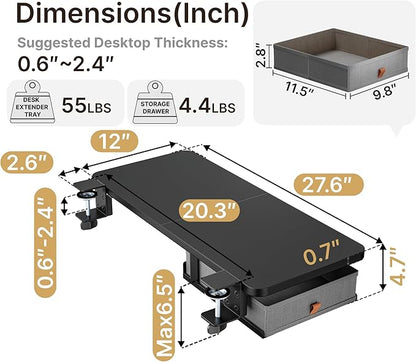 PEGZONE Desk Extender Tray, 28" x 12", with Storage Drawer, Large, Black | Desk Extension, Clamp on Desk Shelf, Clamp On Keyboard Tray for Office and Home, Workstation Organizer