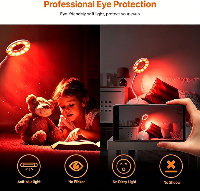 Rechargeable Desk Lamp, 670nm Red Light Therapy & Eye Protection Orange Light, 3 Color Modes, Stepless Dimming Touch Control, No Blue Light, Portable Cordless Reading Lamp for Bedroom Office Students