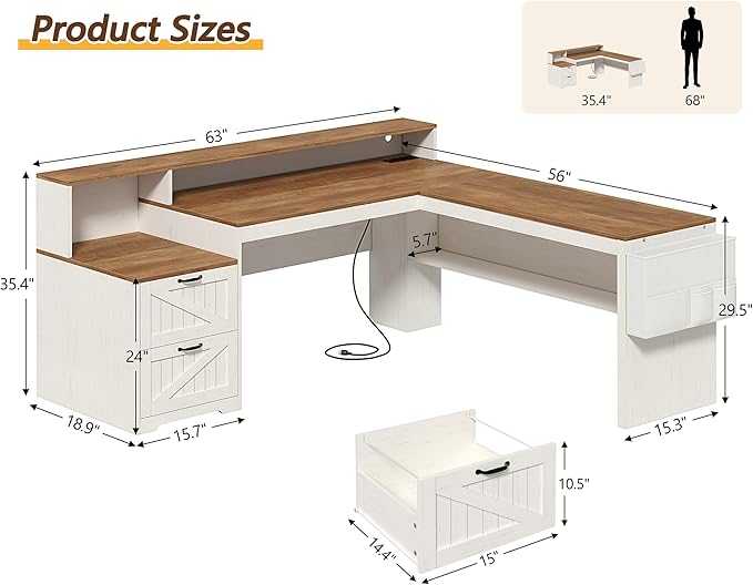 YOMILUVE Farmhouse 63" L Shaped Desk with Drawers, Home Office Desks with Storage Shelves and Printer Stand, Corner Computer Desk with Power Outlets and Monitor Stand, Brown and White