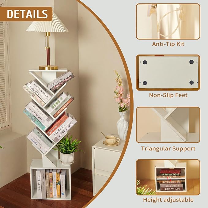 7 Tier Tree Book shelf, Small Bookcase with Reading Planner and Activity Panel, Modern Floor Standing Corner Tall Narrow Storage Cabinet Bookshelves for Home Office Bedroom Living Room (White)