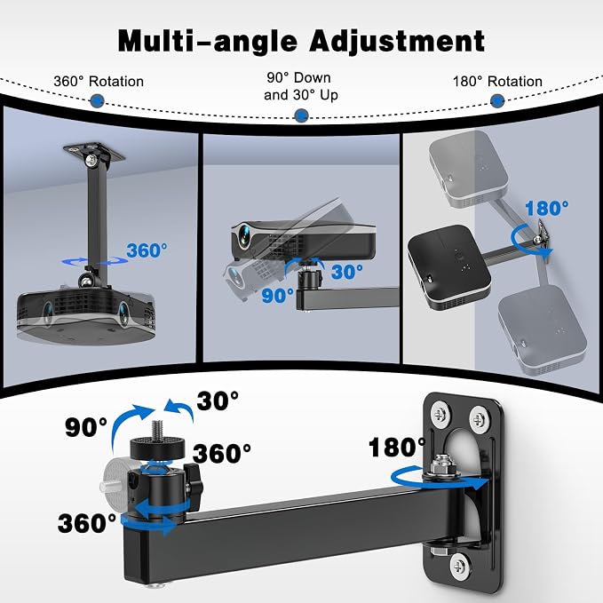 Projector Stand, Wall and Mini Ceiling Mount with 1/4-Inch Thread, 360-degree Rotation, Adjustable Tilt & Swivel, Foldable, Easy Setup Compatible with Most Projectors for Office, Home