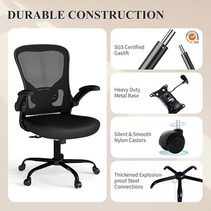 Flysky Mesh Office Chair, Ergonomic Computer Desk Chairs for Home Office - with Comfy/Comfortable Flip-up Arm Rests, Lumbar Support, Height Adjustable, 360 Degree Rolling Swivel (Black, 2 Pack)