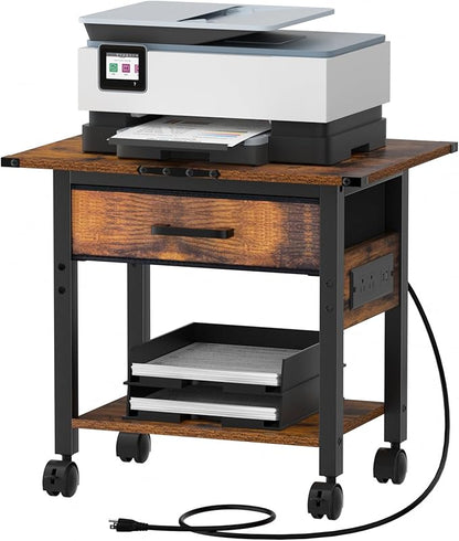 Lerliuo Under Desk Rolling Printer Stand with Charging Station and USB Ports, 2-Tier Printer Table Desk with Fabric Drawer, Printer Cart Holder with Lockable Wheels for Home, Office (Brown)
