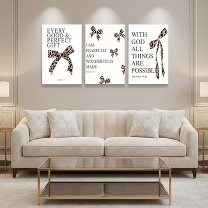 Leopard Bow Wall Art, Y2K Cheetah Print Room Decor for Teen Girls, Inspirational Bible Verses Bow Wall Decor Canvas Pictures Aesthetic for Bedroom Bathroom Dorm 12x16 Inch Framed