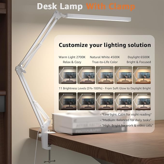 Upgrade Swing Arm LED Desk Lamp with Clamp, 80 LED Beads, 5 Color Modes & 11 Brightness Levels, 360° Adjustable Arm, Eye-Caring Light CRI95, Timer & Memory Function, for Office, Study, Crafting
