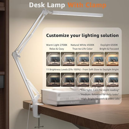 Upgrade Swing Arm LED Desk Lamp with Clamp, 80 LED Beads, 5 Color Modes & 11 Brightness Levels, 360° Adjustable Arm, Eye-Caring Light CRI95, Timer & Memory Function, for Office, Study, Crafting