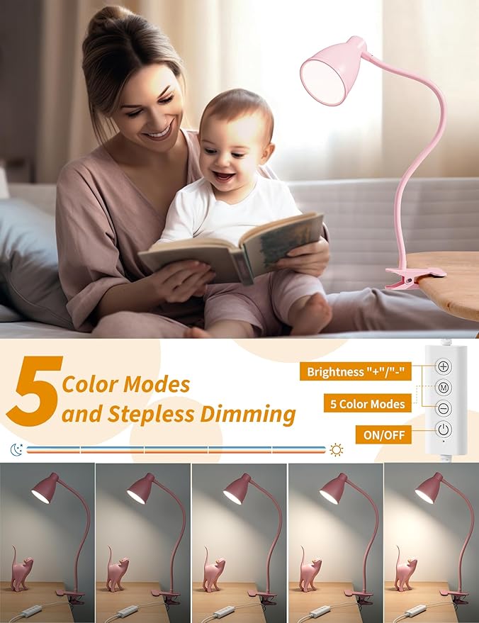 BOHON Cute Desk Lamp with Clamp Clip on Light, 5 Color 10 Brightness, Pink | Flexible Gooseneck Pink Lamp 10W 38 LED Auto Off Timer Kawaii Accessories Desk Lights for Office Home Bed Bedside Reading