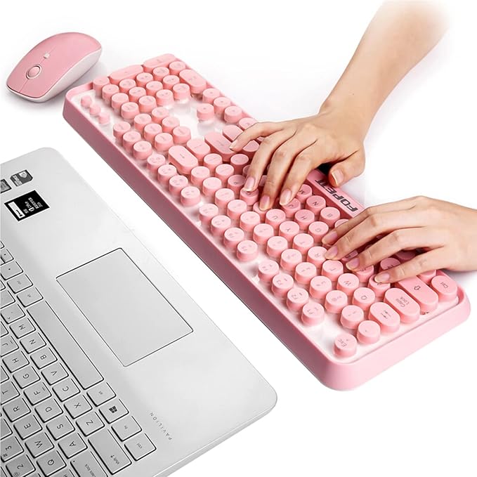 Wireless Keyboard and Mouse Combo - Cute Colorful Keyboard and Mouse, Retro Typewriter Keyboard with 2.4GHz Plug & Play, for Windows 11/10/7, Laptop, PC (Pink)