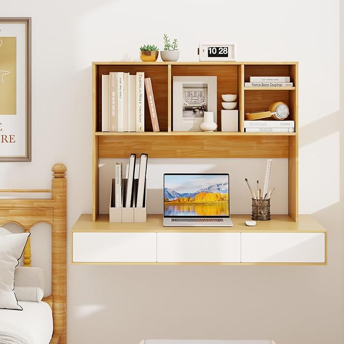 GOFLAME 4 Cubes Desktop Bookshelf, 37” Tabletop Wood Desk Shelf for Computer Monitor, Modern Countertop Desk Display Hutch Storage Organizer Shelf for Home Office, Dorm, Study, Burlywood