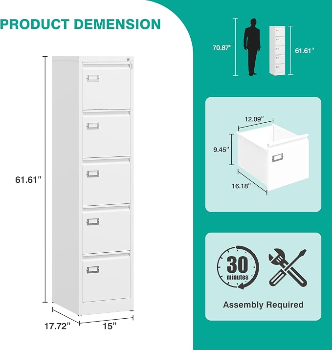 SISESOL 5 Drawer File Cabinet with Lock,White Narrow Vertical File Cabinet Five Drawer,Tall Office Filing Cabinets,Metal Filing Cabinets for Home Office,Fit A4,Legal,Letter Size,-Assembly Required
