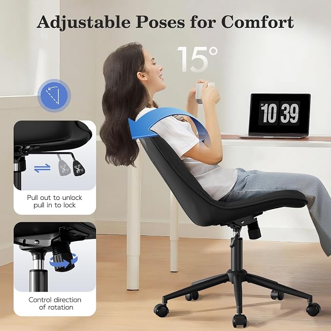Armless Office Chair, Swivel Rolling Leather Desk Chair, Brown | Waterproof Upholstery, Padded Seat, 15° Relaxing Tilt, 330 LBS Capacity, for Bedroom Vanity and Computer Work