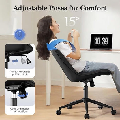 Armless Office Chair, Swivel Rolling Leather Desk Chair, Brown | Waterproof Upholstery, Padded Seat, 15° Relaxing Tilt, 330 LBS Capacity, for Bedroom Vanity and Computer Work