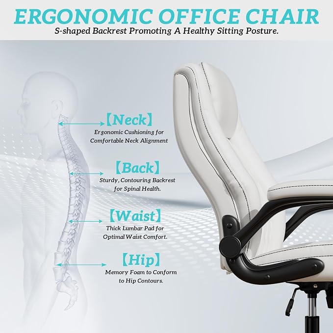 GYI High Back Executive Office Desk Chair, Leather Computer Chair, White | 2.6"Rubber Wheels, Flip-up Arms, Heavy Duty Base, Thick Padded Seat, Lumbar Support, Home, Conference Rooms, Reception Areas