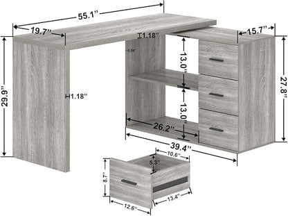 HSH L Shape Desk with Drawers, L-Shaped Desk with Storage Cabinet Shelves, Home Office Corner Computer Desk for Executive Writing, Modern Wood Study PC Table in Bedroom Living Room, Grey Oak, 55 Inch