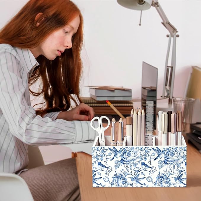 Blue Chinoiserie Bird Floral Pen Pencil Holder for Desk, Bird Lovers Gifts, Cottagecore Flower Botanical Wooden Box Sign Decorations for Home Office Girls Room Bedroom Desk Tabletop