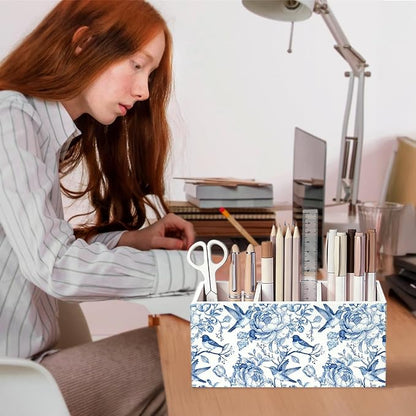 Blue Chinoiserie Bird Floral Pen Pencil Holder for Desk, Bird Lovers Gifts, Cottagecore Flower Botanical Wooden Box Sign Decorations for Home Office Girls Room Bedroom Desk Tabletop