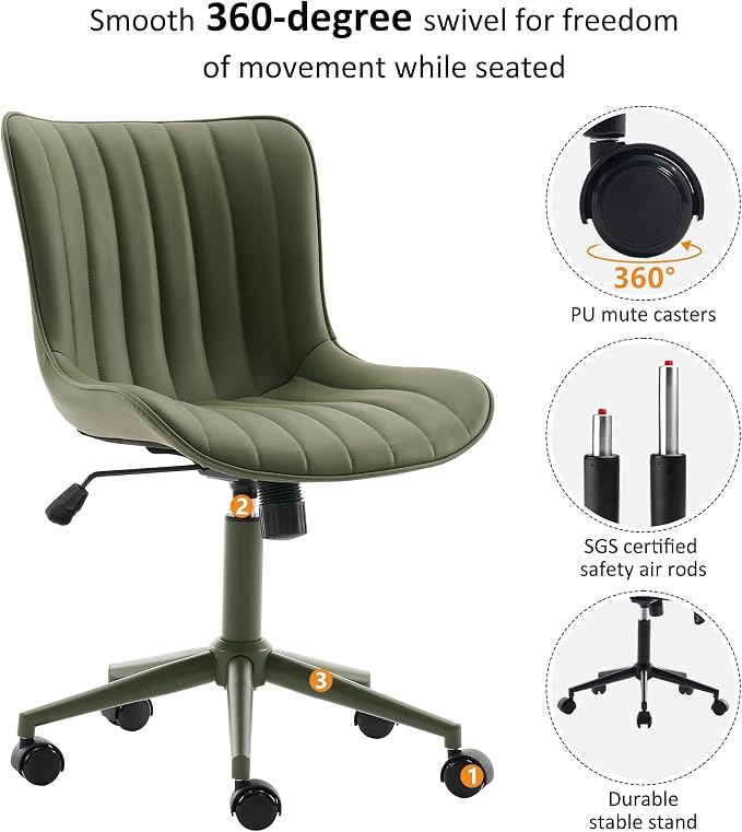 YOUNIKE Home Office Desk Chair with Wheels Armless Vanity Chair with Back Comfy Modern Leather Upholstered Rolling Task Chair Swivel Small Cute Sewing Chair No Arms Wide Adjustable Sage Green