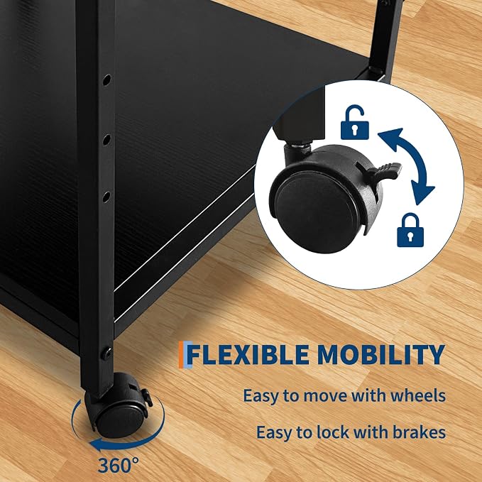 GarveeHome Under Desk Printer Stand, 20" Deep Large Printer Table with Height Adjustable Storage Shelf, 2 Tier Rolling Printer Cart with Wheels for Home Office, Black